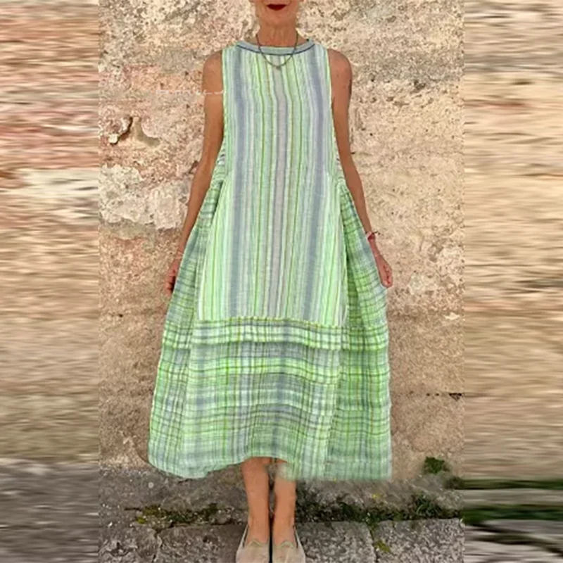 Vintage Striped Sleeveless Vacation A line Dresses Women's Elegant Printing Loose Fashionable Pullover Beach Dress For Women New