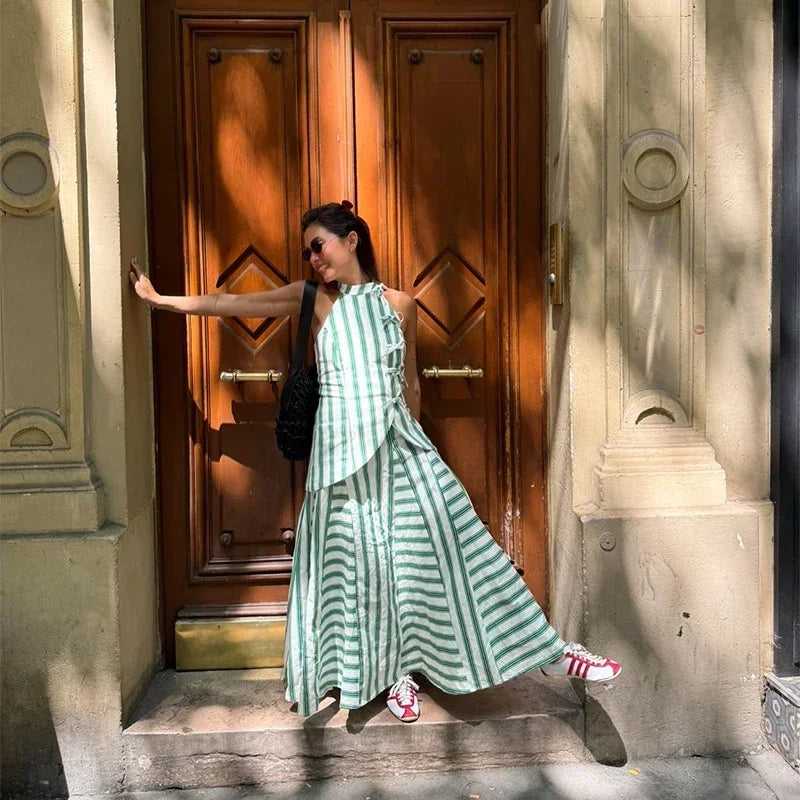 Casual Striped Vest Skirt Suits Women O-neck Sleeveless Bow Tops Pleated Long Skirts 2025 Summer Chic Office Lady Sets New