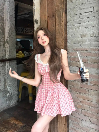 WomenS Pink Plaid Lace Trim Slip Dress Spaghetti Strap Bow Detail Flared Mini Dress Sweet Casual Sundress
