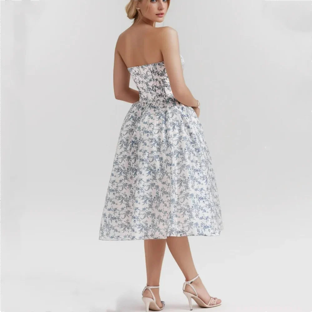Strapless Sweetheart Corset Bodice Floral Toile Pleated Pocket Midi Dress