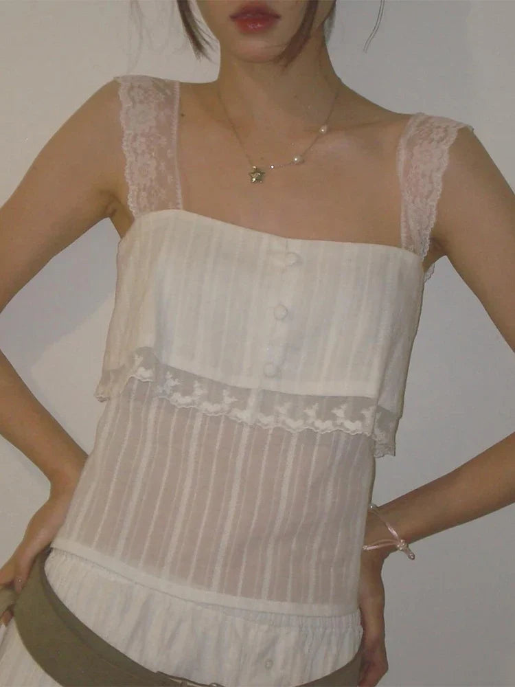 Solid White Lace Strap Cami Tops Women Chic Button Front Sheer Layered Sleeveless Short Sweet Vests Lady Trendy Daily Wear New