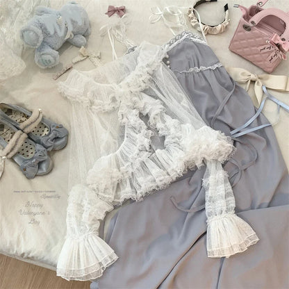 See Through Long Sleeve Japanese Shrugs Autumn Mesh Ruffle Sweet Cropped Jacket Thin Air Conditioning Shirt Short Sun Protection