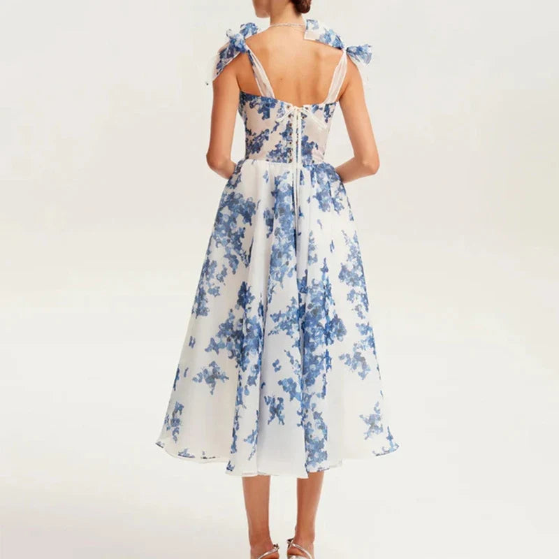 Ladies Temperament Floral Print Party Dress 2024 Fashion Off Shoulder Bow Strap Long Dress Elegant Mesh Sleeveless Evening Dress