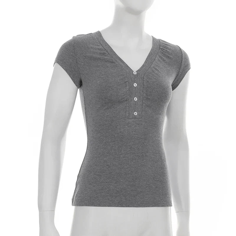 Casual Grey V-neck Crop Top Women Basic Skinny Short Sleeve Knitted T-shirts for Summer y2k Vintage Harajuku Tees Retro