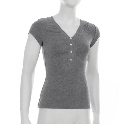 Casual Grey V-neck Crop Top Women Basic Skinny Short Sleeve Knitted T-shirts for Summer y2k Vintage Harajuku Tees Retro
