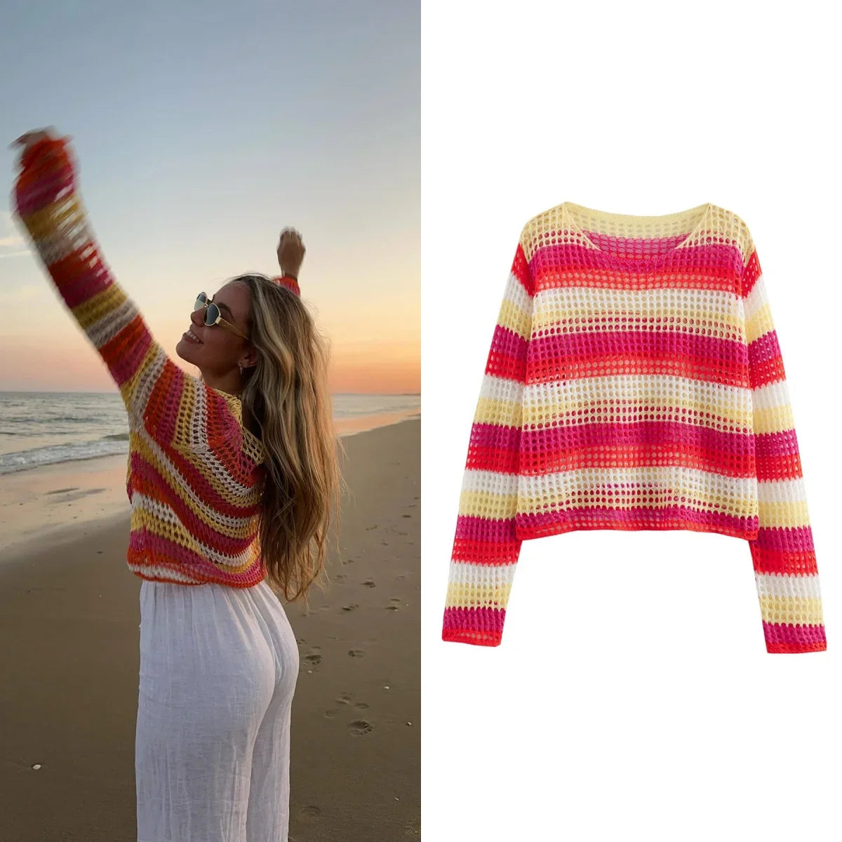 New Summer Women's Casual Versatile Knitted Colored Stripe Long sleeved Round Neck Loose Knitted Top