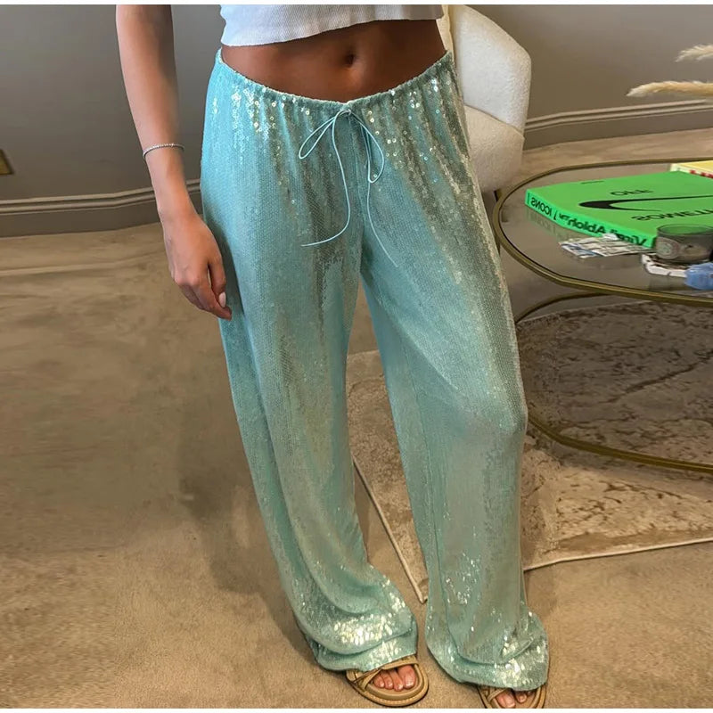 Loose Solid Color Sequin Pants Woman Cinched Waist Glitter Straight Baggy Long Pants Casual Street Chic Sparkle Women's Trousers
