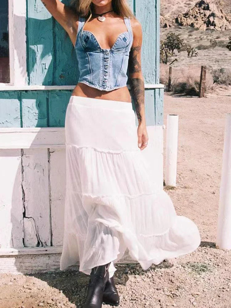 Casual Skirts Women Fashion Vintage Streetwear Skirts Solid Loose Floral Folds Elastic Waist Midi 2024 New Spring Summer Skirts