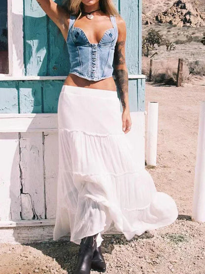 Casual Skirts Women Fashion Vintage Streetwear Skirts Solid Loose Floral Folds Elastic Waist Midi 2024 New Spring Summer Skirts