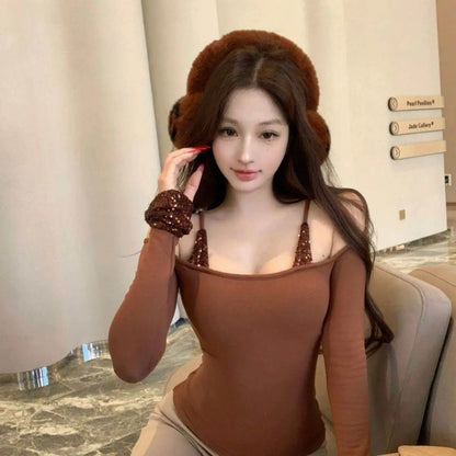 Spicy Girl Christmas Red Cinched Waist Top Patchwork Sequined One-shoulder Long-sleeved T-shirt for Women Autumn/Winter