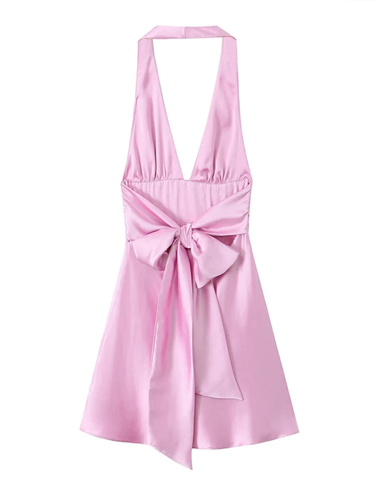 Satin Halter Hollow Out Mini Dress Women Backless Sleeveless Slim Pink Party Dresses 2024 Summer Elegant A-line Pleated Vestidos