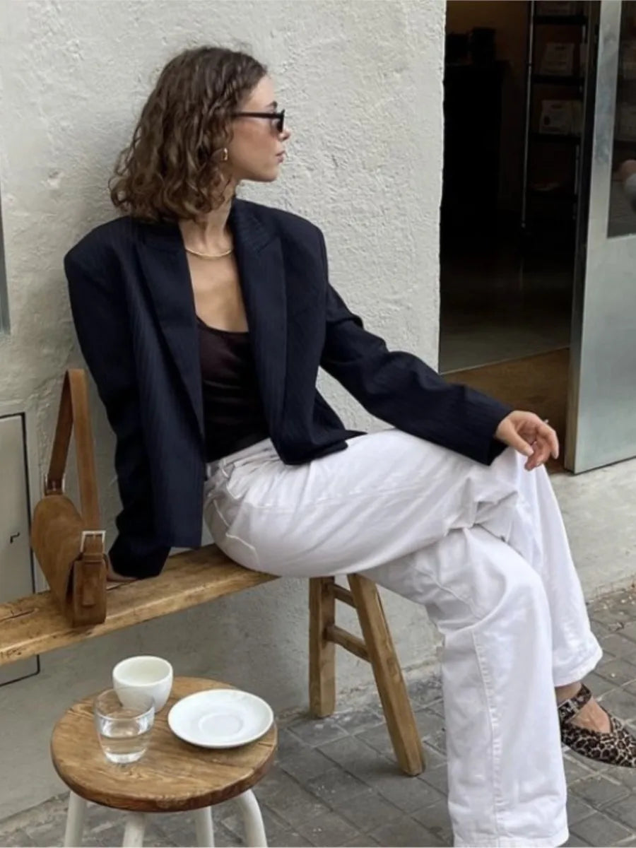 Vintage Solid Striped Cropped Jacket Women Autumn Long Sleeve Cardigan Blazer Outerwear New Casual Fashion Short Jackets