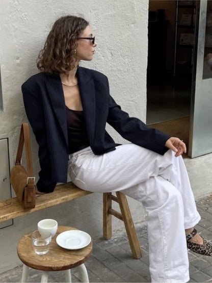 Vintage Solid Striped Cropped Jacket Women Autumn Long Sleeve Cardigan Blazer Outerwear New Casual Fashion Short Jackets
