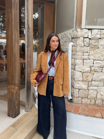 Retro Suede Female Jacket Chic Single Breasted Long Sleeve Lapel Loose Blazer Coat Women 2025 Spring High Street Lady Outerwear
