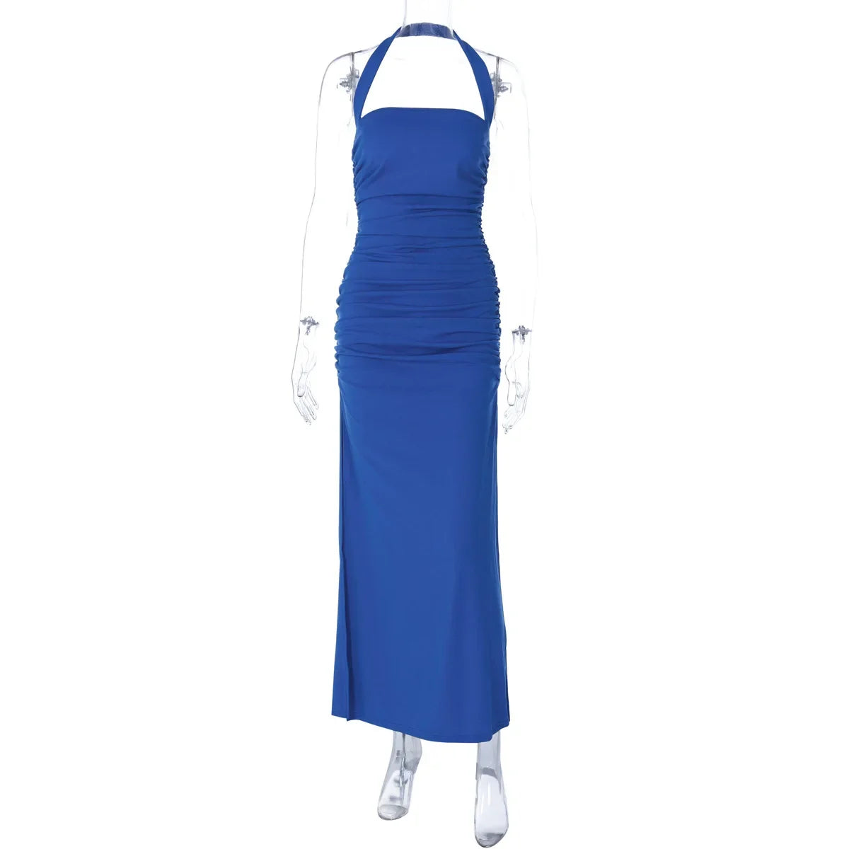 New Summer Women Dress Solid Color Halter Neck Sleeveless Backless Slim Ruched Side Split Elegant Party Long Dress