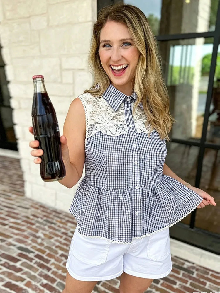 Gingham Lace Collar Sleeveless Peplum Blouse Collared Peplum Gingham Summer Chic Sweet Women Casual Preppy Casual Top