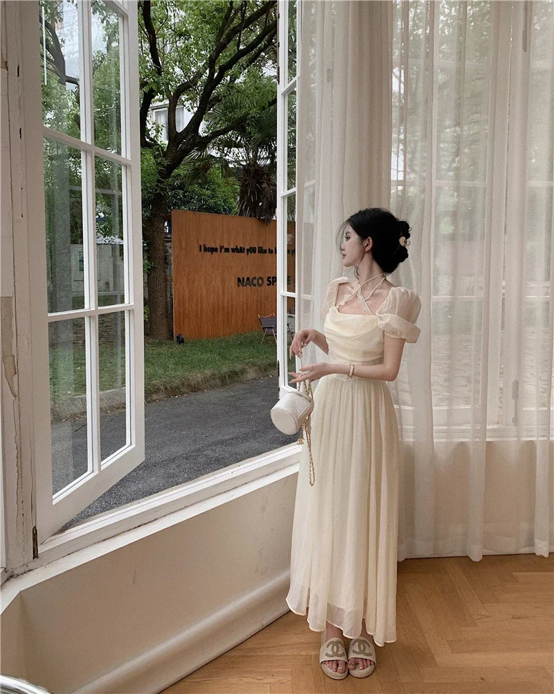 Summer Women Halter Midi Dress Elegant Female Chiffon Square Neck Party One Pieces Dresses French Solid New Vestidos Robe