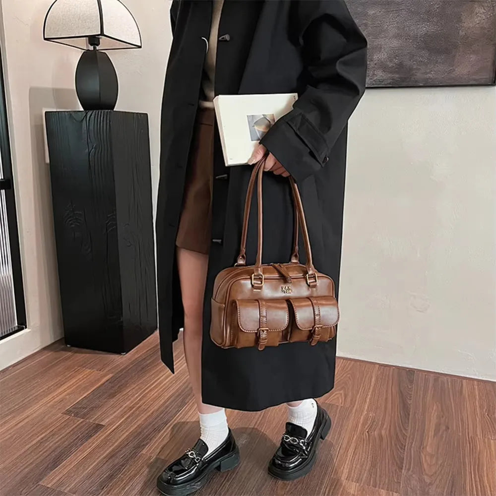 Fashion PU Leather Boston Shoulder Bag Large Capacity with Multi-Pockets Underarm Bag Solid Clutch Purse Girl