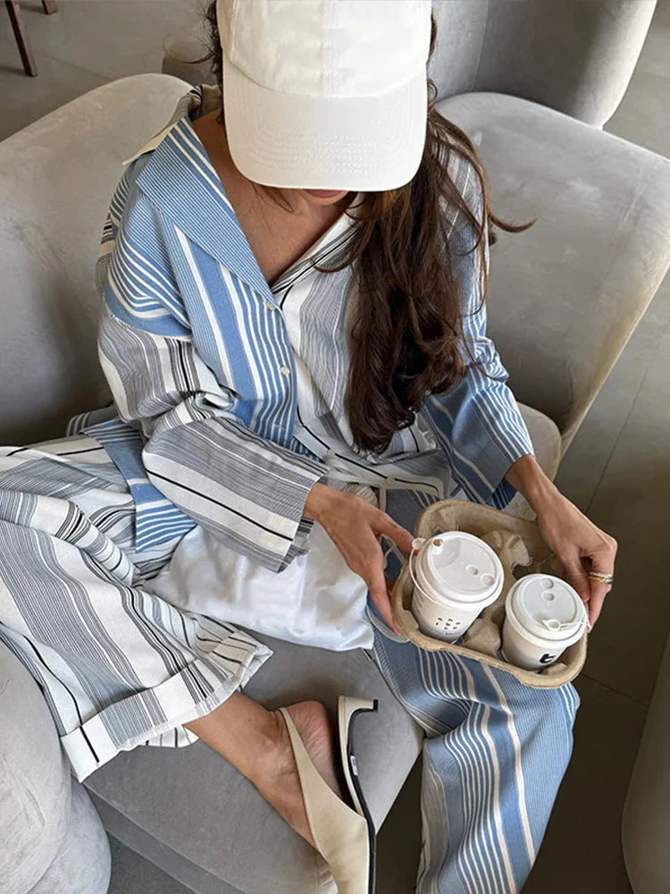 Stripe Loose Women Top Set Wide Leg High Waist Lady Pants Sets 2025 Fashion Contrasted Long Sleeve Turn-Down Collar Female Suit