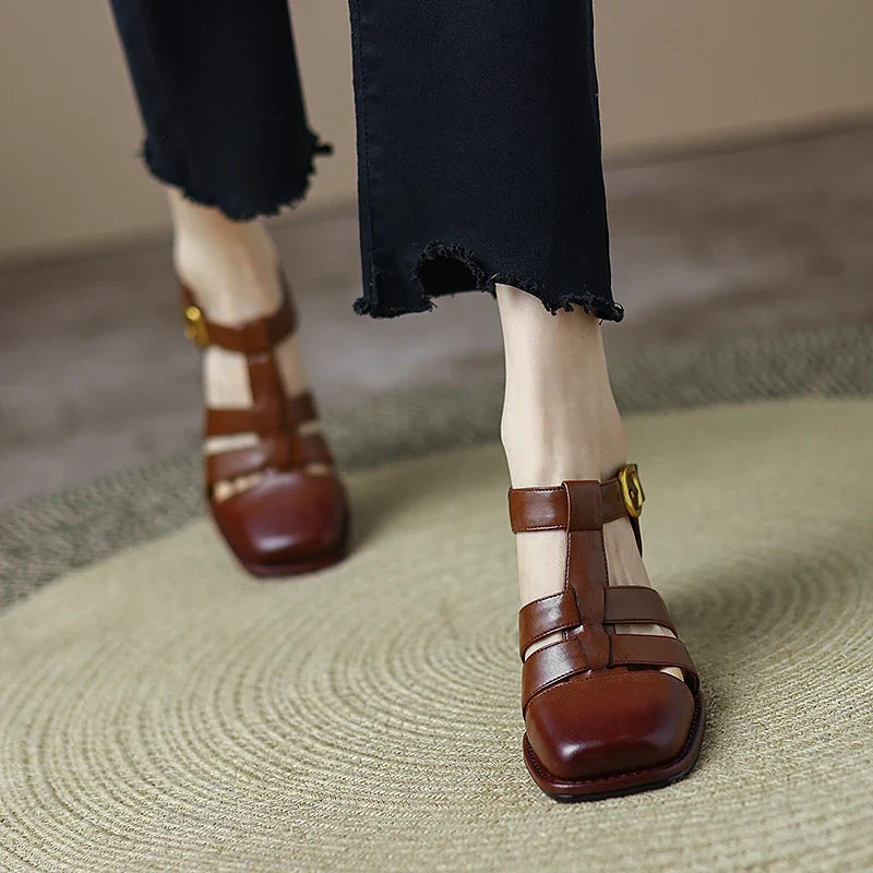 Summer Shoes Women Square Toe Cover Heel Gladiator Modern Sandals Pu Leather Chunky Heel High Heels Roman Women Sandals
