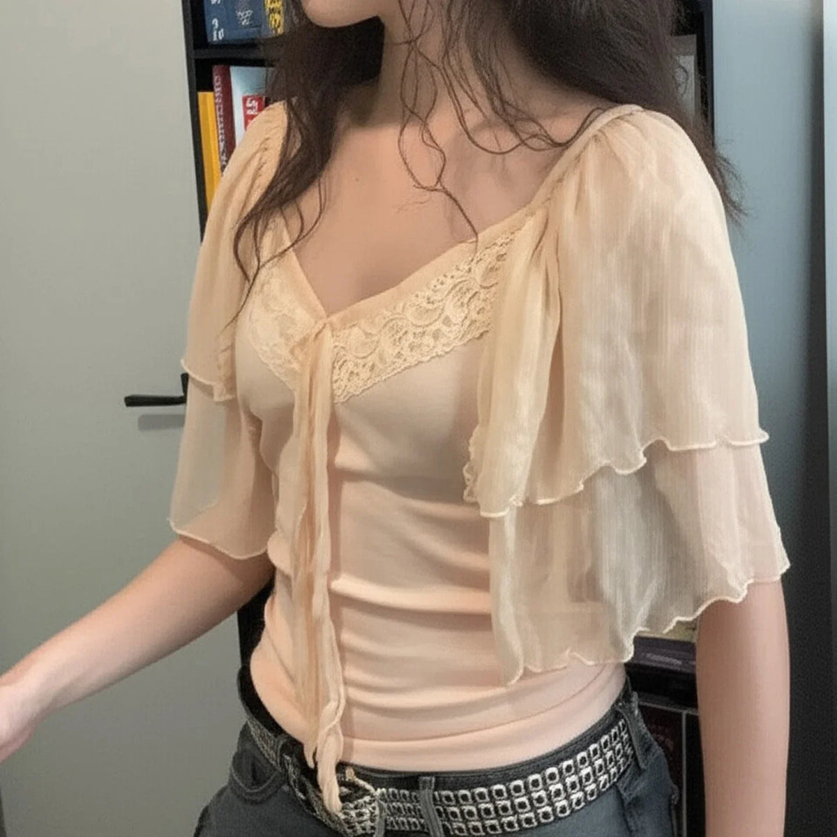 Lace Patchwork Tie-up Bow V-neck Top Summer Tiered Flying Sleeve T-shirt Coquette Aesthetic Slimming Clothing Women