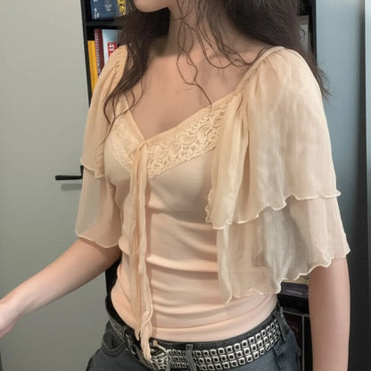 Lace Patchwork Tie-up Bow V-neck Top Summer Tiered Flying Sleeve T-shirt Coquette Aesthetic Slimming Clothing Women