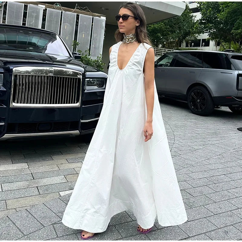 Elegant V-neck Long Dress Women Loose White Sleeveless Backless A-line Beach Dresses 2025 Summer Lady Casual Solid Chic Robes