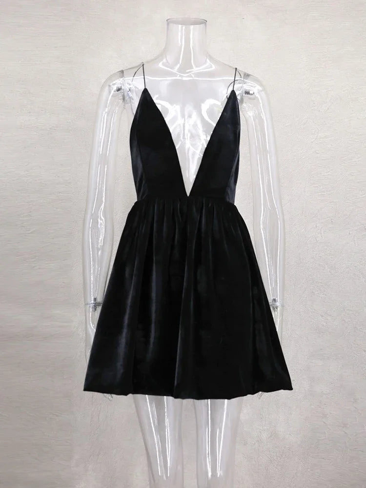 Spaghetti Strap Deep V Neck Gathered Velvet Babydoll Mini Dress
