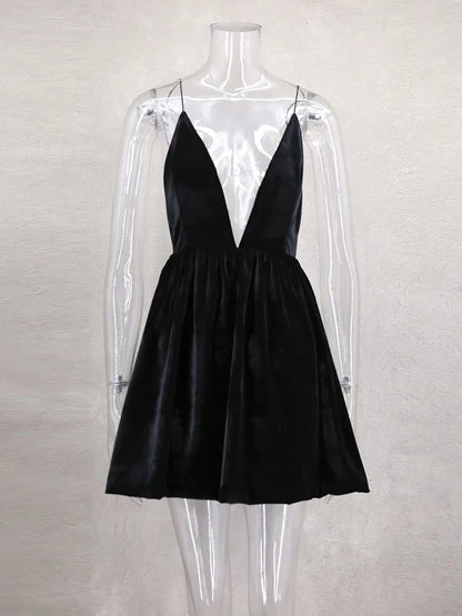 Spaghetti Strap Deep V Neck Gathered Velvet Babydoll Mini Dress