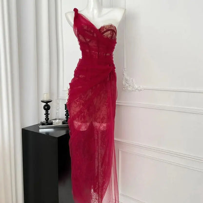 Women Vintage Red Sexy Strapless Sleeveless Lace Mesh Maxi Dress Elegant Christmas Evening Slim Long Dress Vestidos