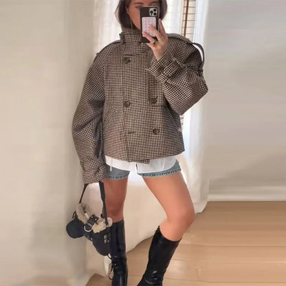Elegant Lapel Checkered Coat Women Casual Buttons Double Breasted Long Sleeve Coats Female 2025 Autumn British Lady Jacket