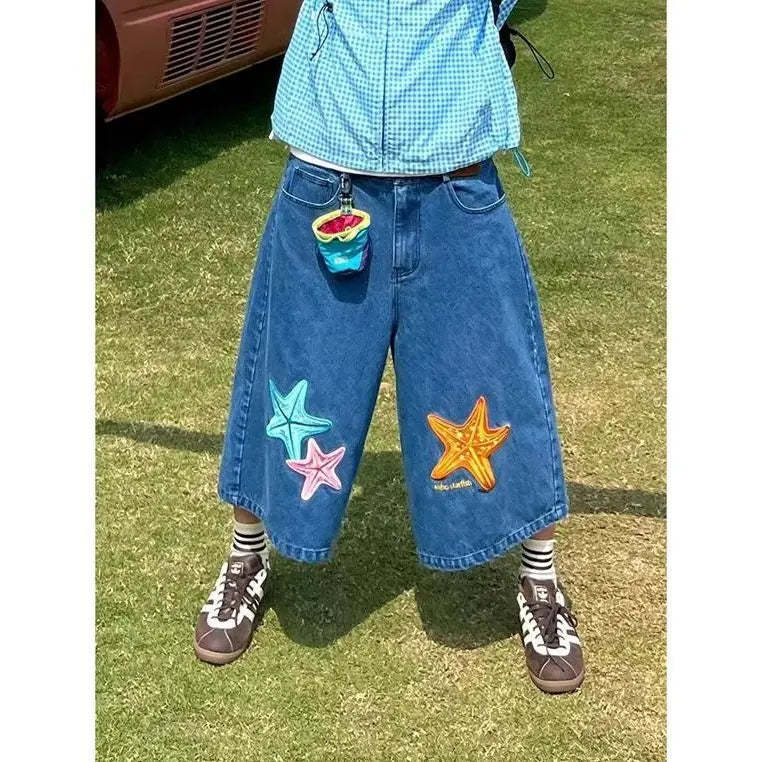 Large Size Retro Creative Star Embroidery Denim Cropped Pants Women's Loose Straight Wide Leg Shorts