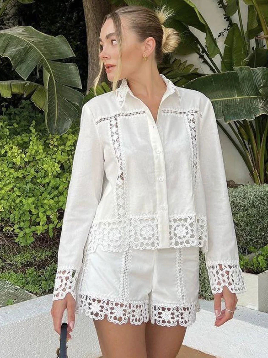 Crochet Patchwork Shorts Sets Women Single Breasted Lapel Collar Long Sleeve Blouse Summer Casual Fashion White Two-piece Set