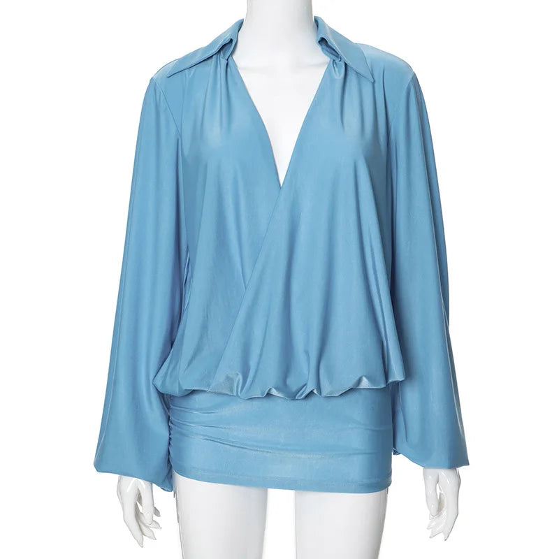 Collared Deep V Wrap Balloon Sleeve Mini Dress