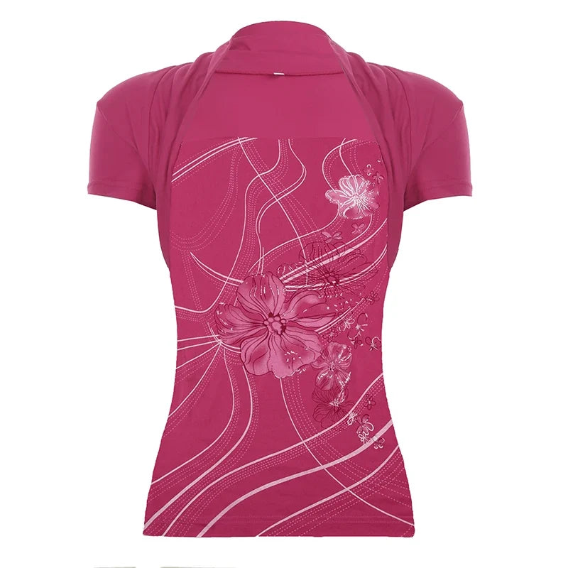 Floral Print Square Collar Top Pink Coquette Aesthetic Slimming Short Sleeve T-shirt Chic Elegant Tees Streetwear Retro