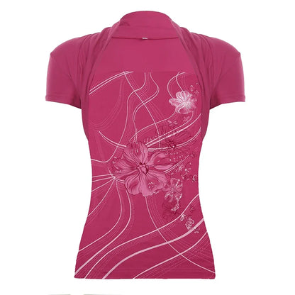 Floral Print Square Collar Top Pink Coquette Aesthetic Slimming Short Sleeve T-shirt Chic Elegant Tees Streetwear Retro