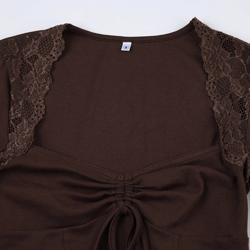 Slim Bandage Folds Patchwork Lace T Shirt Casual Drawstring Square Collar Long Flare Sleeve Tees Women Autumn Lady