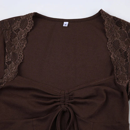 Slim Bandage Folds Patchwork Lace T Shirt Casual Drawstring Square Collar Long Flare Sleeve Tees Women Autumn Lady