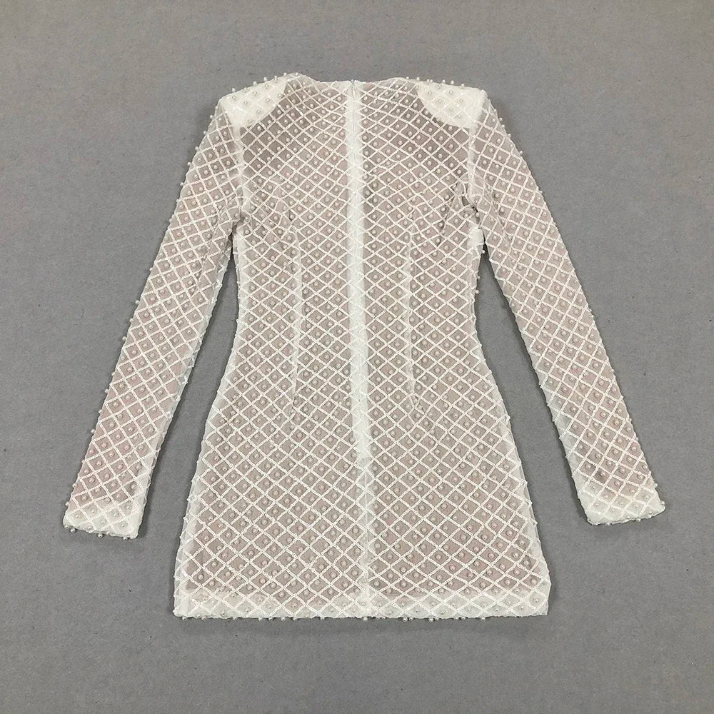 Padded Shoulder Pearl Crystal Mesh Plunge V Neck Mini Dress