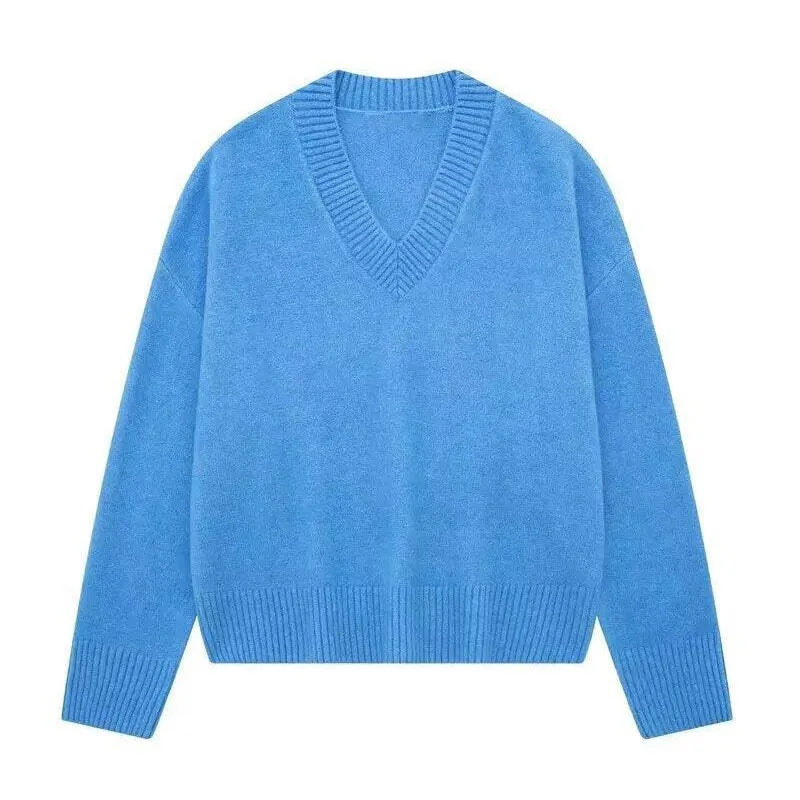 V-neck Pullover Woman Loose Short Autumn Winter Solid Zippers Women's Sweater Soft Casual Knitwear Lady All-match Long Sleeve