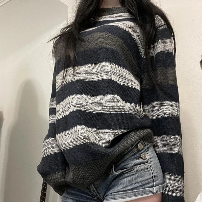 Aesthetic Retro Baggy Jumpers Tops Y2k Women Casual Knitwear Cottage Loose Fit Striped Sweaters Fall Long Sleeve O Neck Pullover