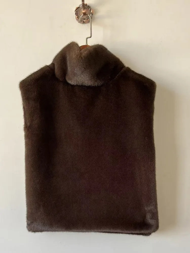 Cool Winter Women Artificial Fur Vest Turtleneck Sleeveless Pullover Female Mink Fur Jacket Instagram-Style Lady Eco Fur Outwear