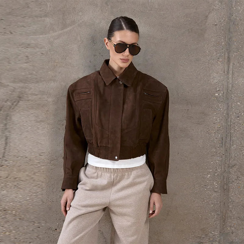 Elegant Camel Cropped Suede Jacket Women Lapel Full Sleeve Pocket Zipper Short Coat New Causal Autumn Lady Daily Streetwear 2025