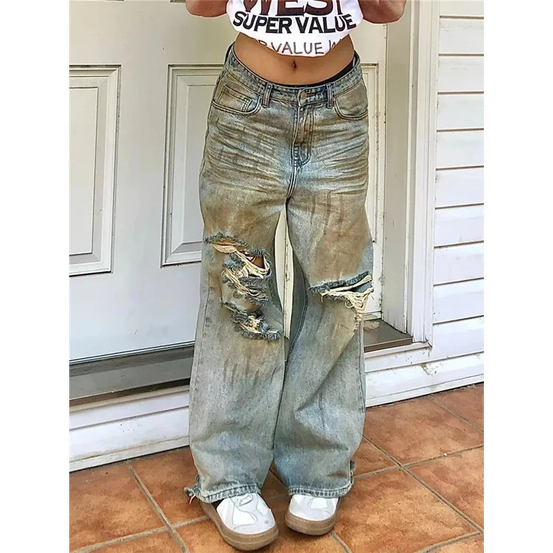 Autumn Blue Womens Ripped Jeans High Waist Baggy Casual Vintage Y2K Trend Straight Pants Street American Wide Leg Denim Trouser