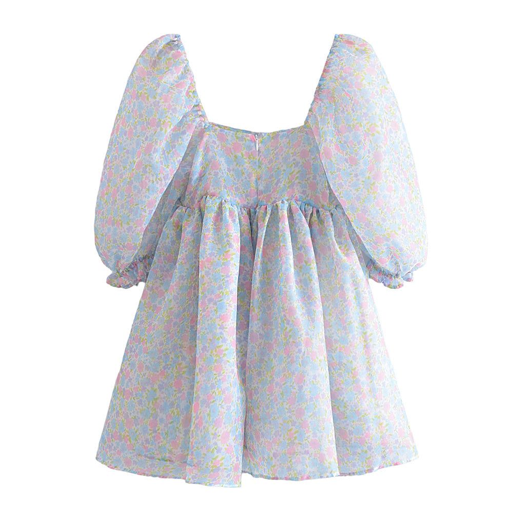 Ditsy Floral Square Neck Puff Sleeve Babydoll Mini Dress