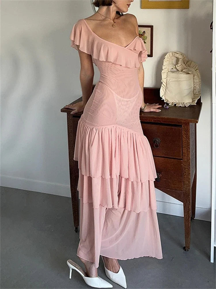 Mesh Patckwork Ruffled Edge Tank Maxi Dress Women V-neck Backless Irregular Waist Cinching Slim Long Dress Party Clubwear