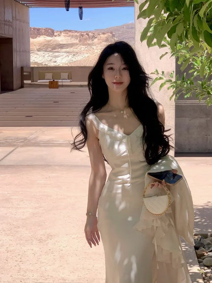 White Satin Spaghetti Strap Long Dresses for Women Summer New Elegant Party Sweet Sleeveless Female Clothing Holiday Casual
