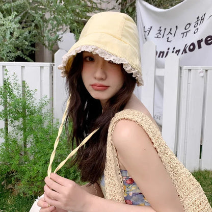 Japanese Retro Y2K Lace Edge Loli Hats for Women Spring and Summer Travel Photo Versatile Sunscreen Sweet Strap Sun Hat