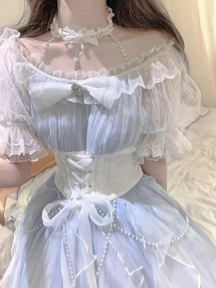 Light Blue Lolita Off-shoulder Neck Lace-up Dress Flower Wedding Elegant Gorgeous High Waist Short Sleeve Princess Dresses