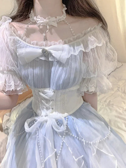 Light Blue Lolita Off-shoulder Neck Lace-up Dress Flower Wedding Elegant Gorgeous High Waist Short Sleeve Princess Dresses